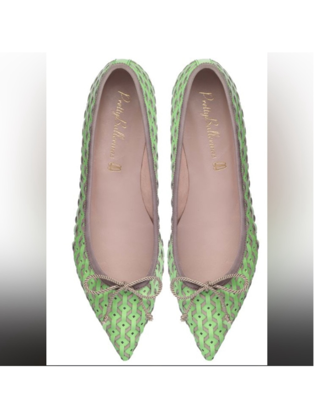 Pretty Ballerinas Green Flats with Woven Design Pointy Toe size 37 GUC